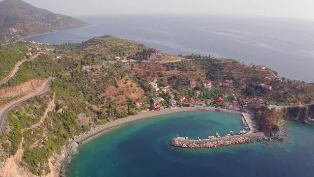 4k drone forward video (Ultra High Definition) of Sampatiki port. Superb summer scene of Peloponnese peninsula, Greece, Europe. Charming morning seascape of Myrtoan Sea. Traveling concept background.