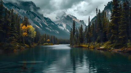 Scenic view of lake by trees against mountains and cloudy sky - obrazy, fototapety, plakaty