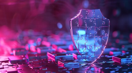 3d rendering of glass shield icon made of small transparent puzzle, in an innovative technological environment with computers dark blue and pink gradient background