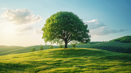 A solitary tree in a green meadow under a clear blue sky with sunlight, evoking serenity, ai generated.