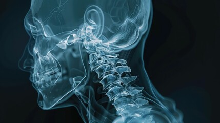 A cervical spine X-ray revealing the vertebrae and intervertebral discs that make up the neck region, supporting the head and facilitating movement of the upper body.