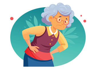 Grandmother is holding her back. Rheumatism.Backache