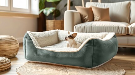 Blank mockup of a reversible pet bed with a soft fleece side and a cool breathable side. . - obrazy, fototapety, plakaty