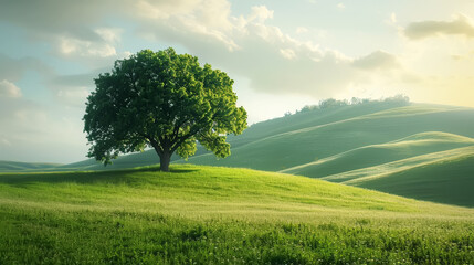 Obraz premium Serene pastoral scene with a single tree on undulating green hills under a glowing sun, ai generated.