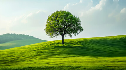 Fototapeta na wymiar Peaceful image of a vibrant green hill with a single tree bathed in sunlight conveying simplicity, ai generated.