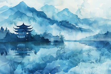 Japanese theme illustration painting with falling leaves