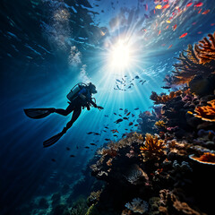 바다속 물고기들과 스킨 스쿠버 다이빙