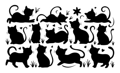 Delightful set of playful cat silhouettes, collection of black kitten figures in various whimsical poses, The silhouettes are drawn with a touch of elegance and charm, adding a sense of cuteness 