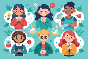 Set of characters experiencing different pain. Headache, toothache, menstrual pain