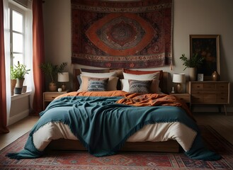 Comfortable bedroom in bohemian interior style with furnishing
