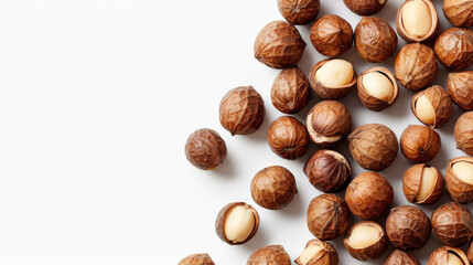 Heap of Macadamia with kernel nuts on white background - obrazy, fototapety, plakaty