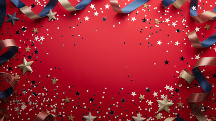 A red background with a blue and gold ribbon and a star pattern