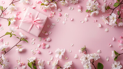 White gypsophila flowers blossom pink background gift box copy space Mother's Day, Wedding background flat lay top view