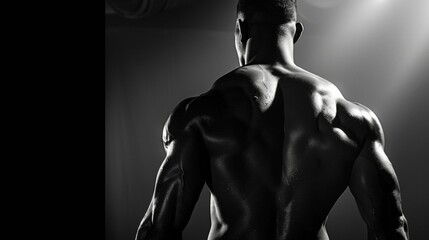In the shadows the sculpted muscles of his back come to life capturing the strength and power of his physique. .