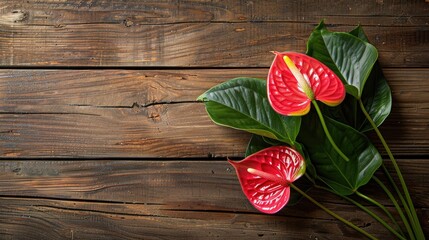 Anthurium Flower from Above with Wooden Background