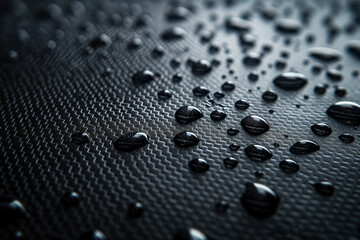 The image is a close up of a black surface with many small drops of water on it - obrazy, fototapety, plakaty