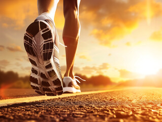 Dynamic view of runner's shoes on pavement at sunrise, concept of fitness and healthy lifestyle.