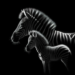 Fototapeta na wymiar Black background Rim light a zebra mother and her baby in profile photography, with the light shining on its fur