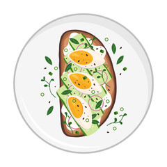 Tasty bruschetta with cucumbers, eggs on the plate