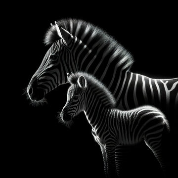 Black background Rim light a zebra mother and her baby in profile photography, with the light shining on its fur