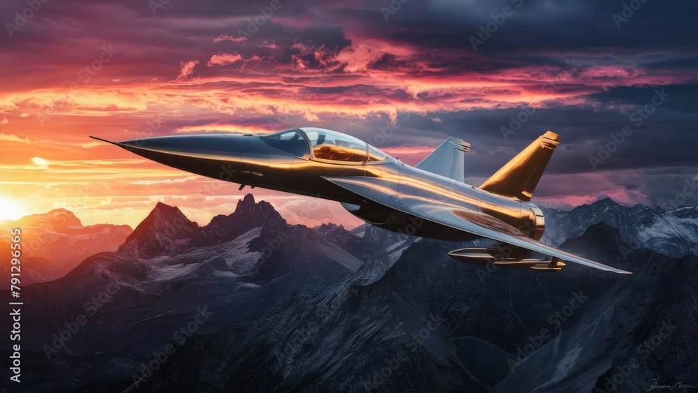 Wall mural Jet fighter across mountain