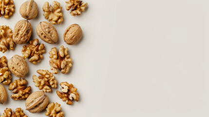 Obraz premium Walnuts, background, copy space, top view, oil 