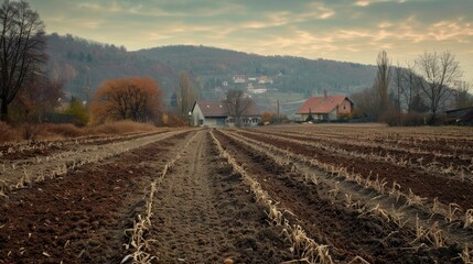 Agricultural field plowed in a secluded village