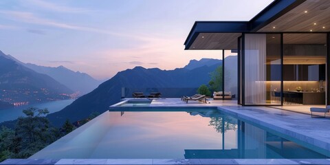 Fototapeta premium Luxury Mountain Villa with Infinity Pool Overlooking Scenic Valley at Twilight