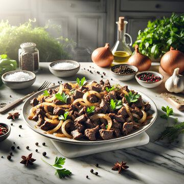 Kuurdak Beef Dish with Fresh Herbs on Marble Counter