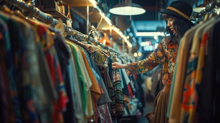Obraz premium Vintage Shopping Adventure: Woman Scanning Through Thrift Store Finds