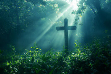 A cross is in the middle of a forest with sunlight shining on it