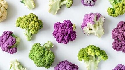 Colorful Cauliflower Collection on White Background - obrazy, fototapety, plakaty