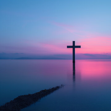A large cross is floating in the water in front of a beautiful sunset