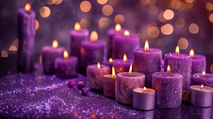 Obraz na płótnie Canvas An assortment of purple candles lit up with a warm glow against a sparkling festive backdrop.