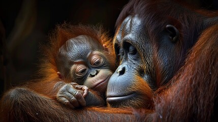 Emotional portrait of a baby orangutan showing affection to its mother, detailed fur texture, natural light - obrazy, fototapety, plakaty