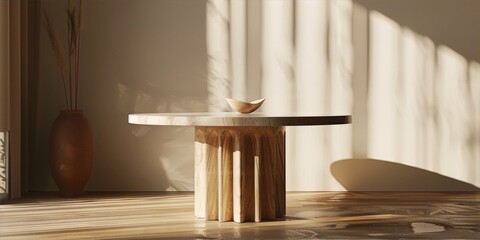 Minimalist still life of a wooden table and vase bathed in warm sunlight, casting shadows on the neutral wall, evoking a sense of tranquility and simplicity.