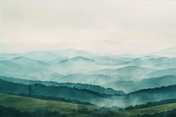distant green hills and mountains in the mist with a faded blue sky - obrazy, fototapety, plakaty