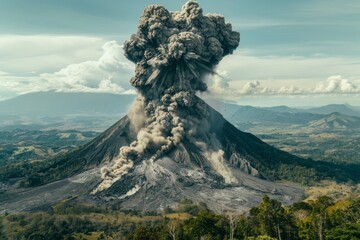 Volcanic eruption volcano erupting with smoke ashes old mountain peak sky covered with fumes natural disaster catastrophe exploding explosion national park lava