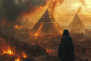 A dark figure stands before the burning pyramids of Giza. - obrazy, fototapety, plakaty