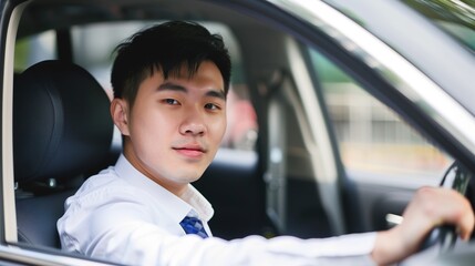 A young Asian man is sitting in the driver's seat of a car, looking at the camera. He is wearing a white shirt and tie.