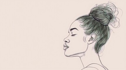 Graceful black and white line drawing of a woman's face in profile with eyes closed and hair in a bun.