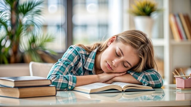 A girl sleeping on a book