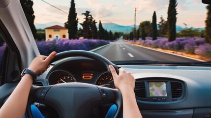 Road trip through a beautiful lavender field