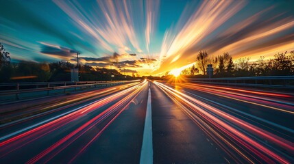 Obraz premium Light trails on a highway at sunset in blue and orange colors with a touch of yellow conveying a sense of speed and movement in a photography of long exposure