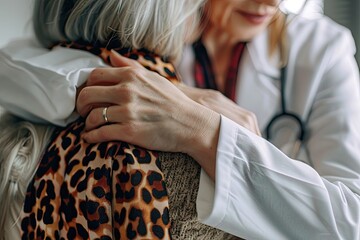 A doctor with a stethoscope hugs and hugs an elderly female patient and calms her down. The concept of a cordial attitude towards people.