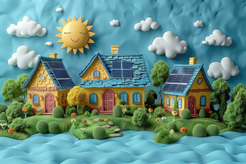 A claymation image of a neighborhood of houses with solar panels on their roofs