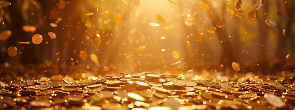 Falling gold coins on a golden background in realistic style for a luxurious and rich look