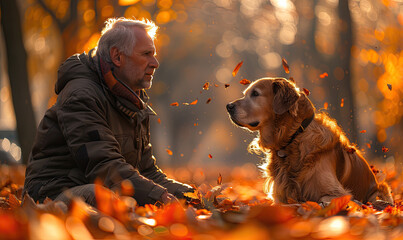 An elderly man is sitting on the ground in a park with his golden retriever dog. The man is wearing a brown jacket and the dog has a red collar on. The ground is covered with fallen leaves. - Powered by Adobe