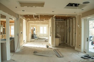 Shot capturing the layout transformation during interior house renovation.