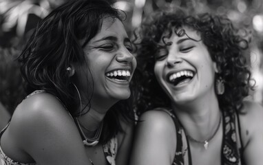 Fototapeta premium Two happy women friends laughing together in black and white